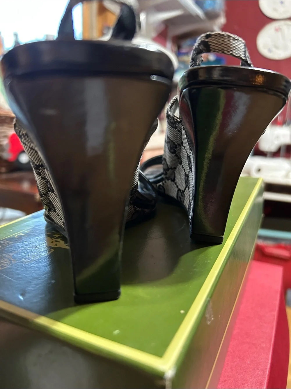Gucci Black Monogram Patent Leather Heel Sandals